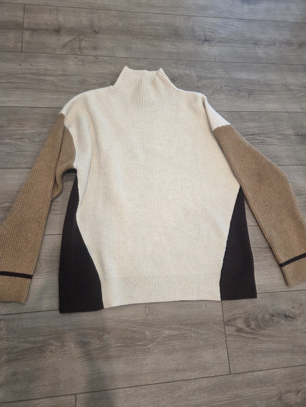 French Connection Cream Ribbed Mock Neck Sweater with Tan Accents